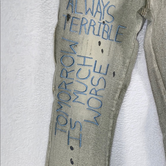 Tan Straight-Leg Jeans with Distressed Artistic Flair - Picture 7 of 8